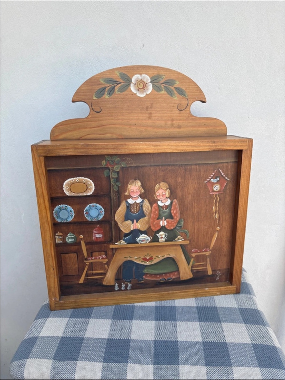 Hand-Painted Folk Art Wooden Cabinet  - Rustic Dining Scene